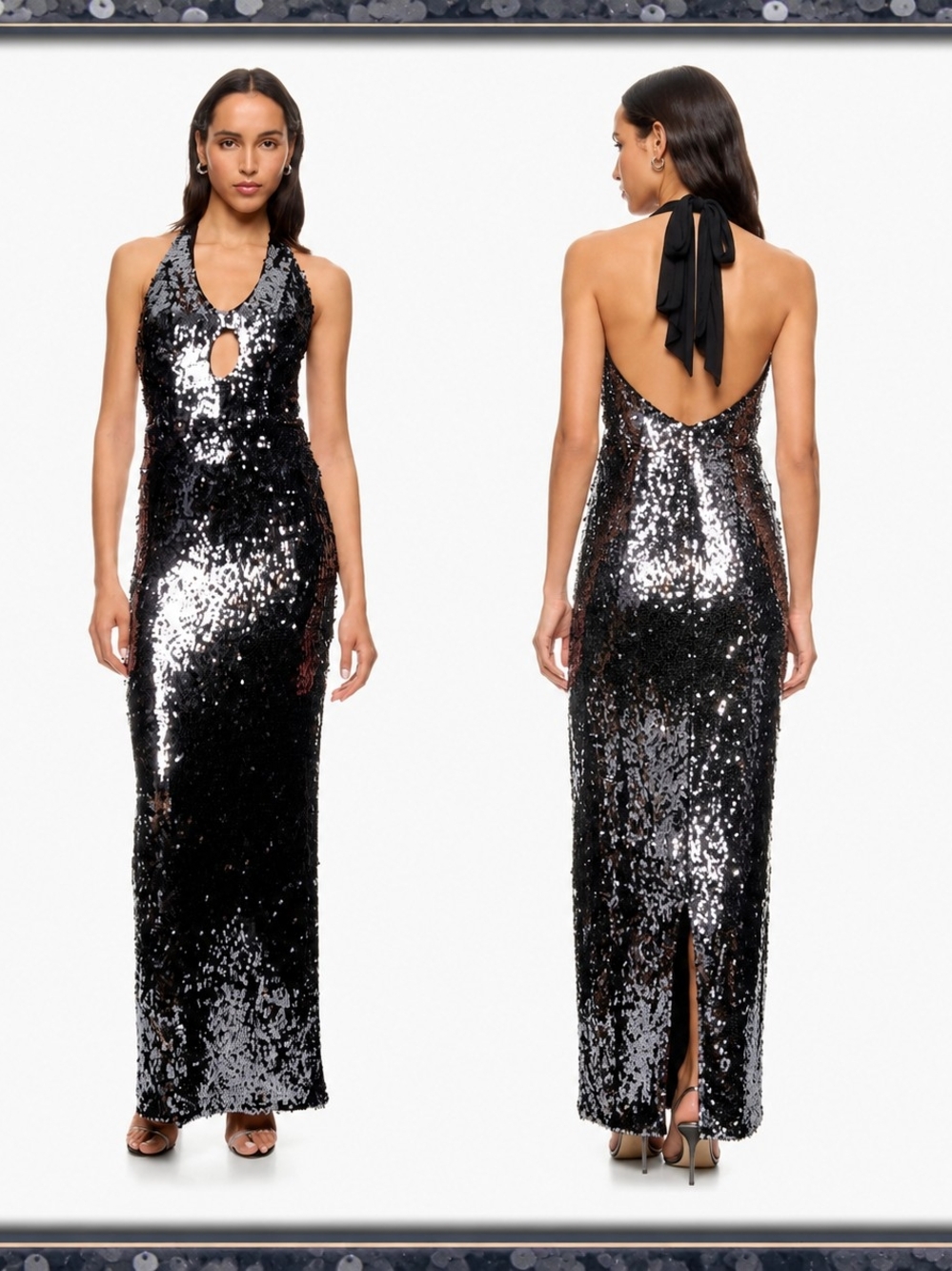 Dress the Population Priscilla Sequin Halter Gown Black Silver Keyhole Size S
